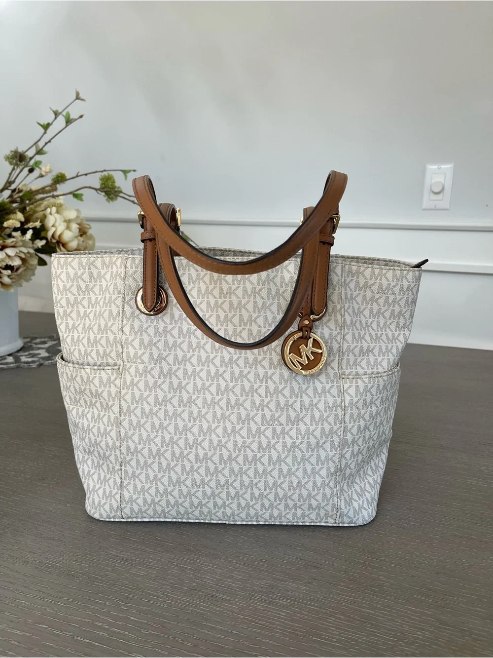 Michael Kors Cream & Tan MK Logo Tote